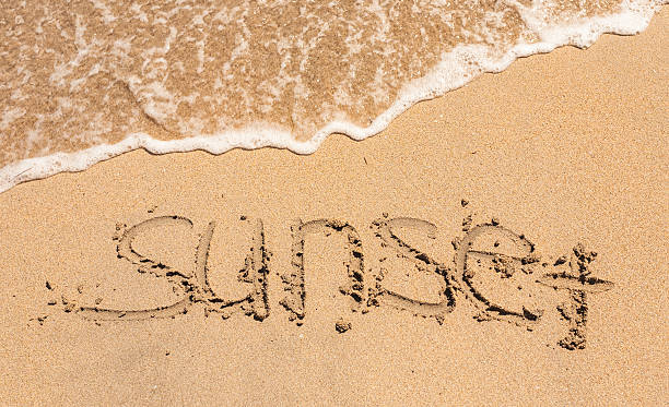 istock word sunset written in the sand 495842066