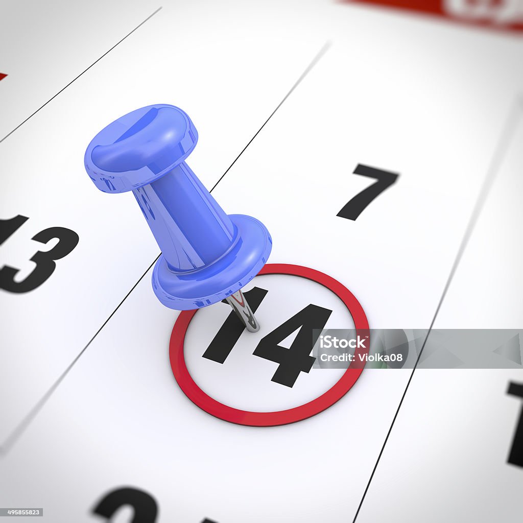 Calendar and pushpin Calendar and blue pushpin. Mark on the calendar at 14. Annual Event Stock Photo