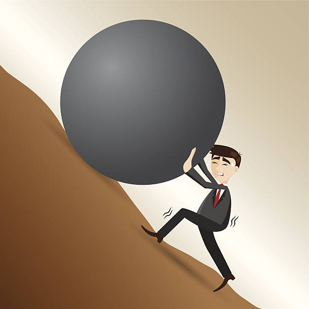 istock cartoon businessman push steel ball on moutain 495856265