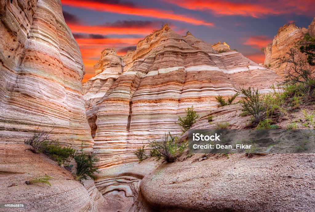 Tent Rocks Canyon at Sunrise Dramatic sunrise as seen from a canyon near Cochiti, NM New Mexico Stock Photo