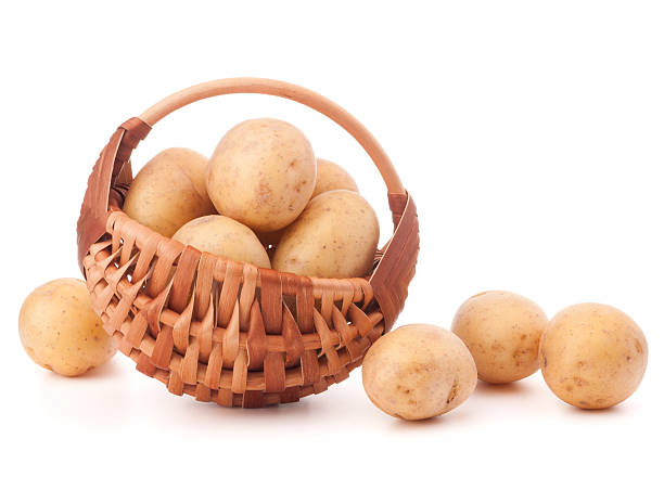 istock Potato tuber  in wicker basket isolated on white background 495869005