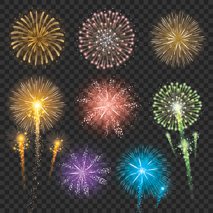Vector illustration of fireworks in different shapes and colors.