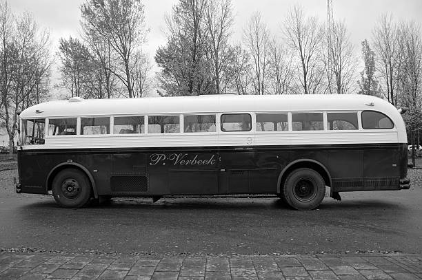 Almere, Flevoland, The Netherlands - 6, november 2015: Crown Coach Autobus standing stil parked by the side of the road (black white)