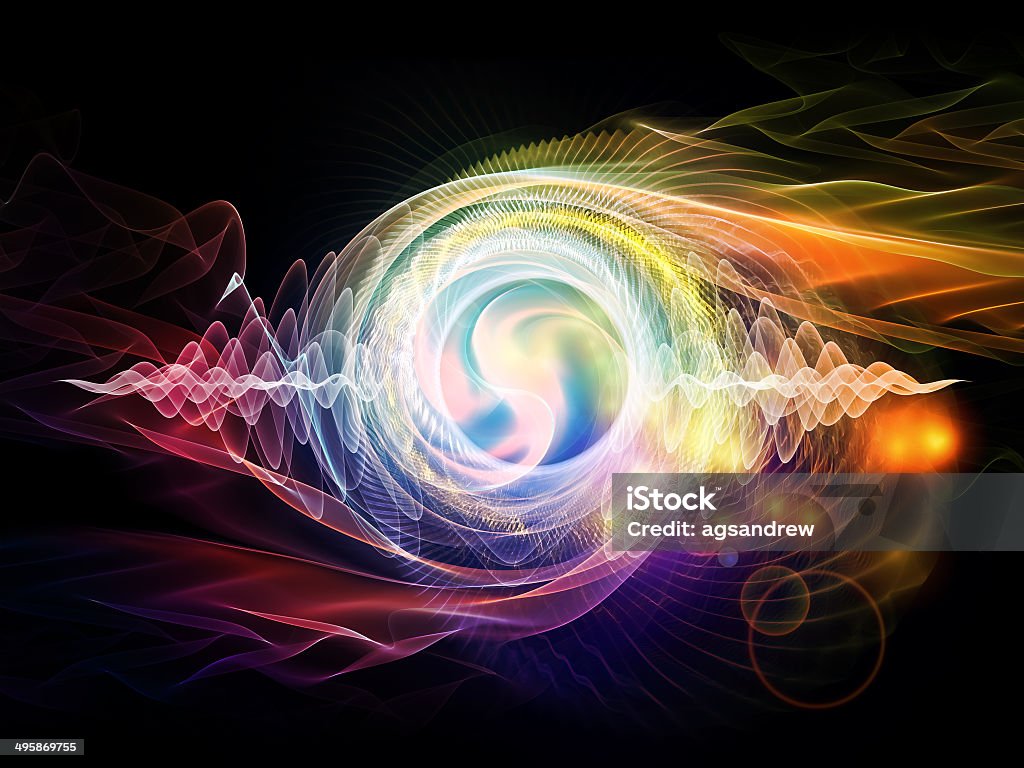 Wave Particle Atomic series. Interplay of lights and fractal elements on the subject of quantum mechanics, particle physics and energy. Abstract Stock Photo