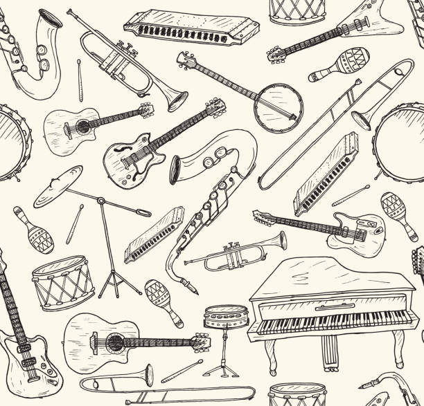 Hand drawn musical instruments. Hand drawn musical instruments set. Vector illustration. Seamless pattern, guitar drawings stock illustrations