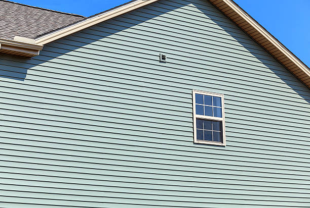 New home showing, vinyl siding, window, soffit, gutters, roof stock photo