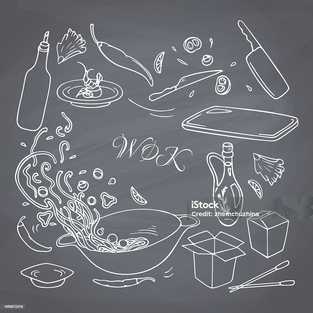 Outline hand drawn wok restaurant food. Chalk style Set of outline hand drawn wok restaurant elements for your design. Chalk style doodle asian food.  Chalkboard background. Vector illustration Wok stock vector