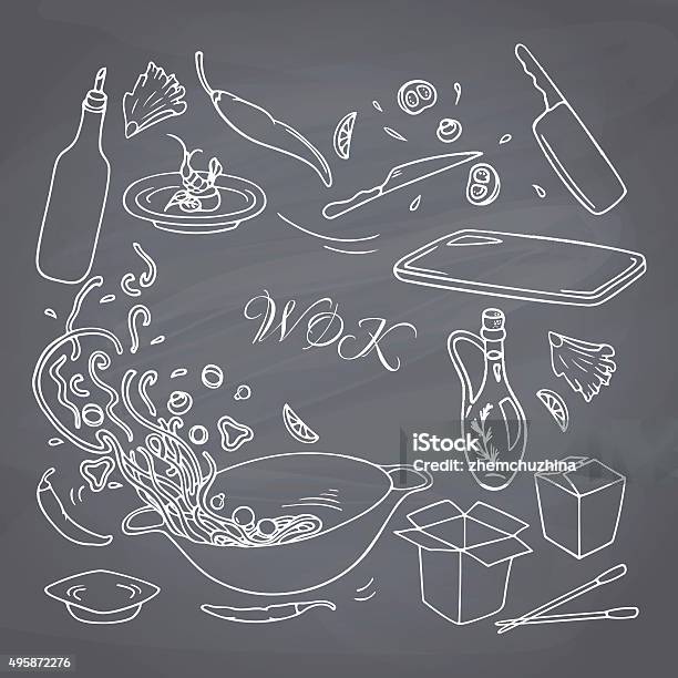Outline Hand Drawn Wok Restaurant Food Chalk Style Stock Illustration - Download Image Now