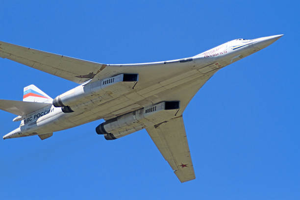 Tu-160 in the blue sky Tambov, Russia - May 31, 2014: Traditional air show in Tambov. Tu-160 (NATO reporting name Blackjack) - supersonic strategic bomber with variable sweep wing. Sunny summer day tu160 stock pictures, royalty-free photos & images