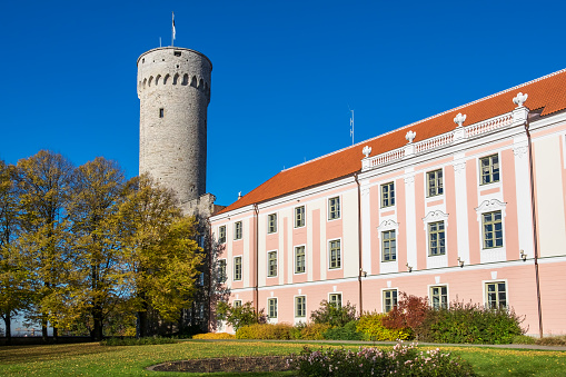 Tall Hermann tower and Parliament building. Toompea, Governors garden, Tallinn, Estonia