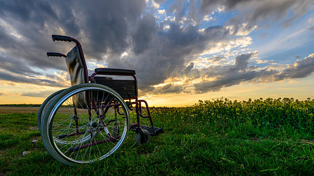 istock Empty wheelchair on the meadow at sunset. 495874278
