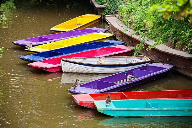 Colorful punts on the river Cherwel. Oxford, Oxfordshire, England