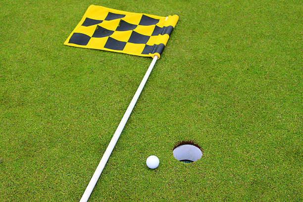 istock Golf ball by hole and flag, putting green, golf course 495874597