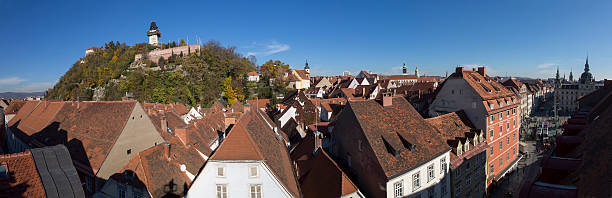 panorama view to the clock tower,city hall, herrengasse and sackstrasse of graz, austria