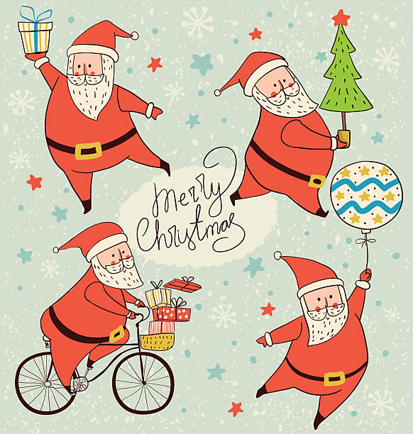 illustrations, cliparts, dessins animés et icônes de santa claus cartes de noël - père noel à vélo