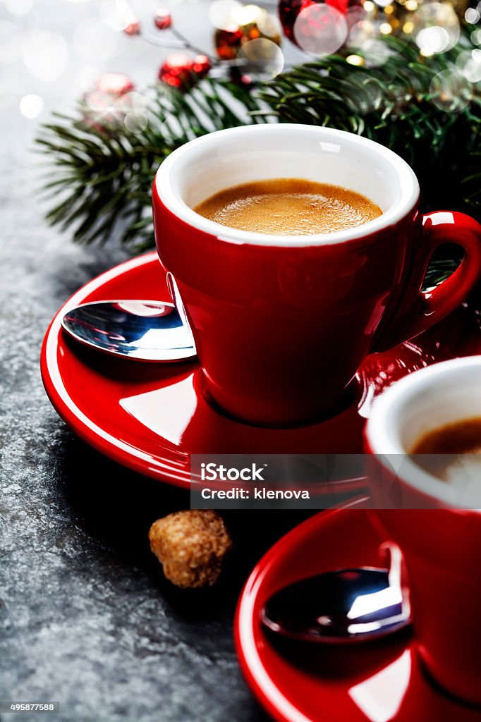 Christmas coffee Coffee Espresso. Red Cups Of Coffee and Christmas decorations on dark background 2015 Stock Photo