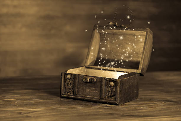 istock beautiful retro chest with miracle on wooden background 495881906