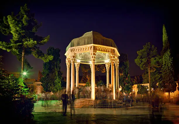 Illuminated Tomb of Hafez the Great Iranian Poet in Shiraz at night.