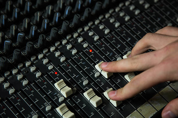 istock Mixing console for audio recording with hand of soundengeneer 495901534