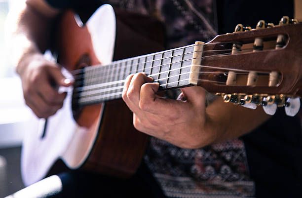 istock Close-up of hands on the guitar strings 495901658
