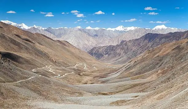 View from Khardung La or Khardungla pass to Karakoram range - Khardungla (5602m) between Leh and the Nubra valley is the highest road pass on the world - Ladakh, Jammu and Kashmir, India