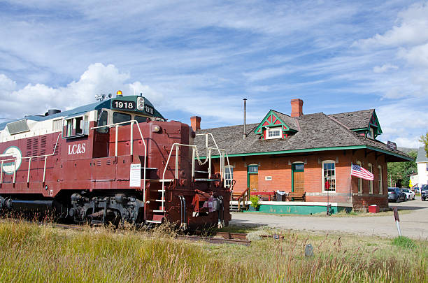 Leadville, Colorado and Southern Train with Depot Leadville, United States - September 6, 2015: The Leadville, Colorado and Southern is a tourist train that takes passengers along the mountainside over the headwaters of the Arkansas River to an overlook of the Climax Molybdemum Mine and Fremont Pass. The tracks were originally run by first the Denver, South Park and Pacific line, then Burlington Northern, hauling mine tailings from the silver mines in Leadville to smelters and the Front Range. leadville stock pictures, royalty-free photos & images