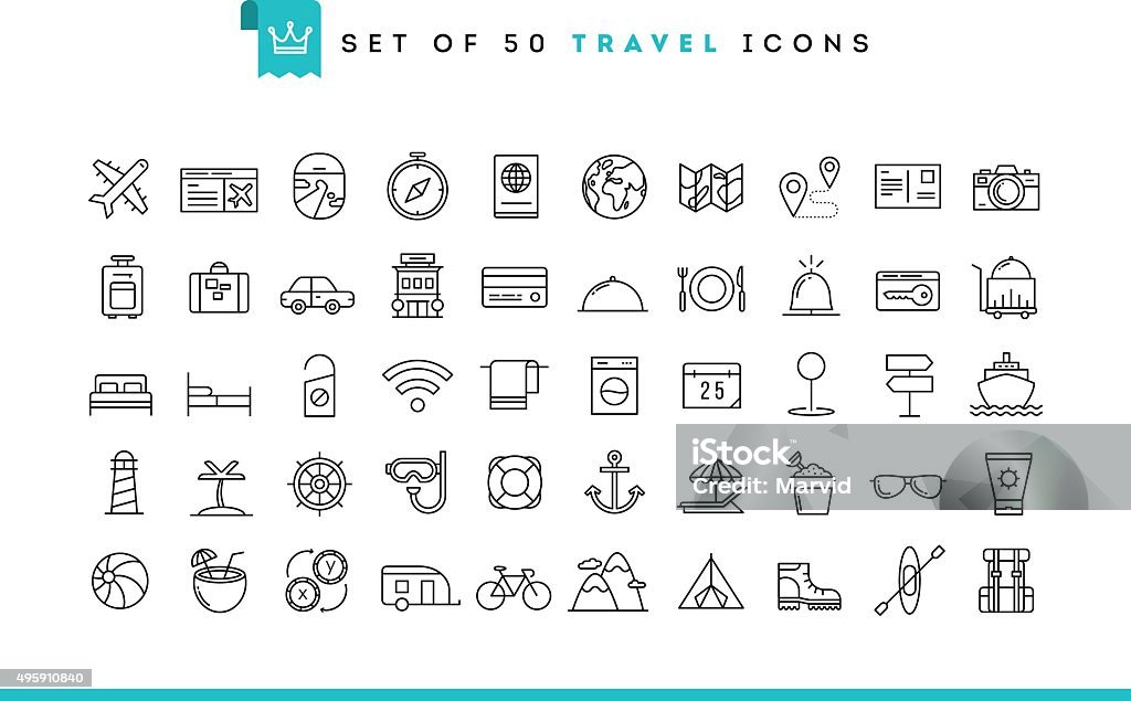 Conjunto de 50 iconos de viajes, estilo de línea fina - arte vectorial de Ícono libre de derechos
