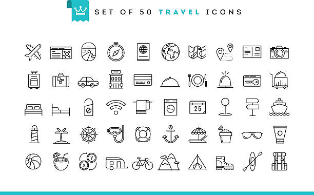 ilustraciones, imágenes clip art, dibujos animados e iconos de stock de conjunto de 50 iconos de viajes, estilo de línea fina - destinos turísticos
