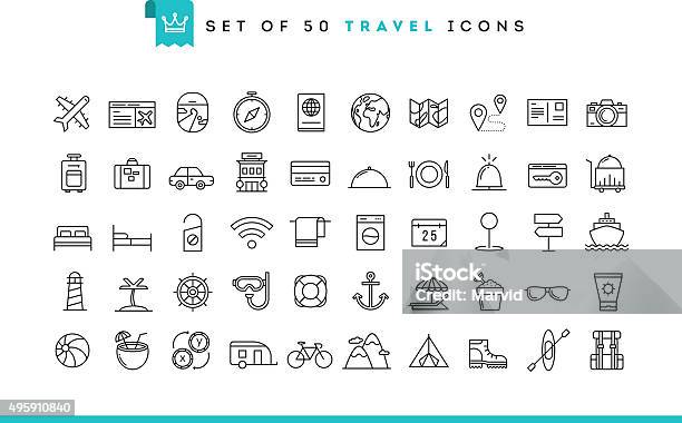 Ilustración de Conjunto De 50 Iconos De Viajes Estilo De Línea Fina y más Vectores Libres de Derechos de Ícono