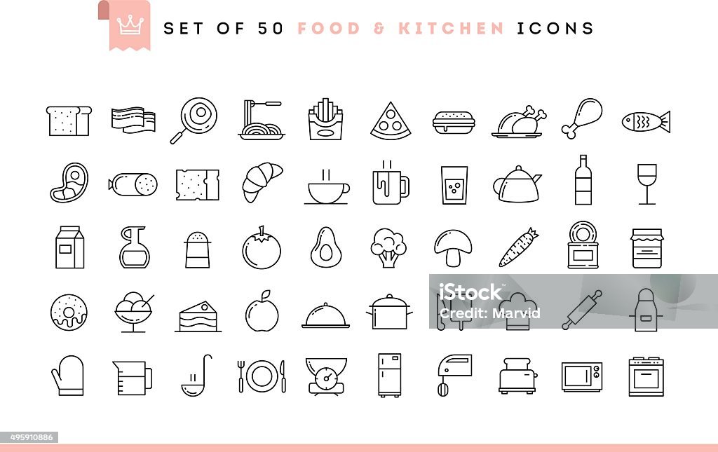 Set of 50 food and kitchen icons, thin line style Set of 50 food and kitchen icons, thin line style, vector illustration Icon Symbol stock vector