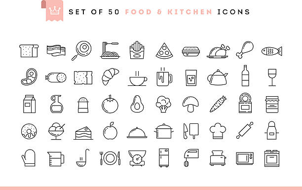 Set of 50 food and kitchen icons, thin line style Set of 50 food and kitchen icons, thin line style, vector illustration fish fry icon stock illustrations