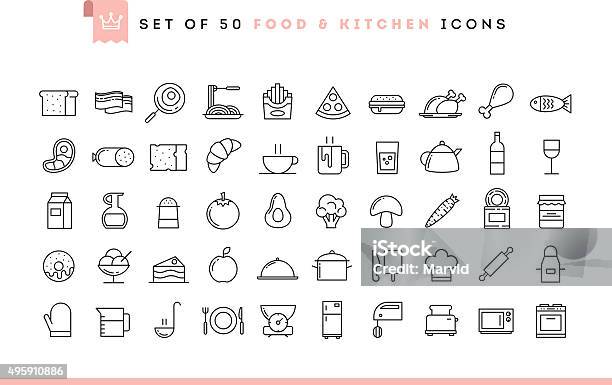 Set Of 50 Food And Kitchen Icons Thin Line Style Stock Illustration - Download Image Now - Icon Symbol, Cheese, Food