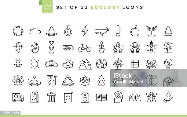 Satz Von 50 Ökologie Symbole Dünne Liniestil Stock Vektor Art und mehr Bilder von Icon - Icon, Energieindustrie, Vitalität