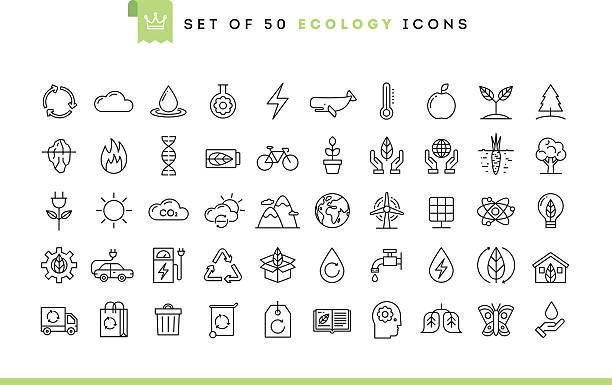 illustrazioni stock, clip art, cartoni animati e icone di tendenza di set di 50 icone di ecologia, sottile linea di stile - energy