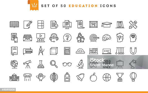 Satz Von 50 Bildung Icons Dünne Linie Stock Vektor Art und mehr Bilder von Bildung - Bildung, Icon, Schulgebäude
