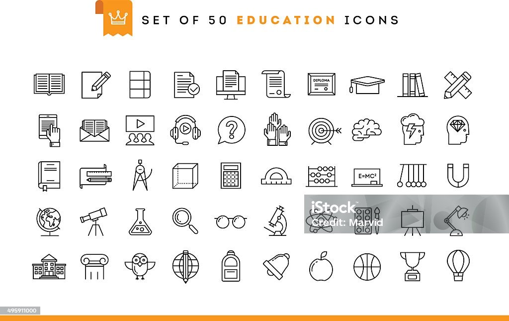 Set of 50 education icons, thin line style Set of 50 education icons, thin line style, vector illustration Education stock vector