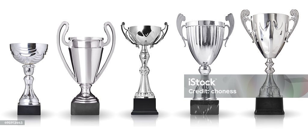 Collection of trophies Set of silver trophies. Isolated on white background Trophy - Award Stock Photo