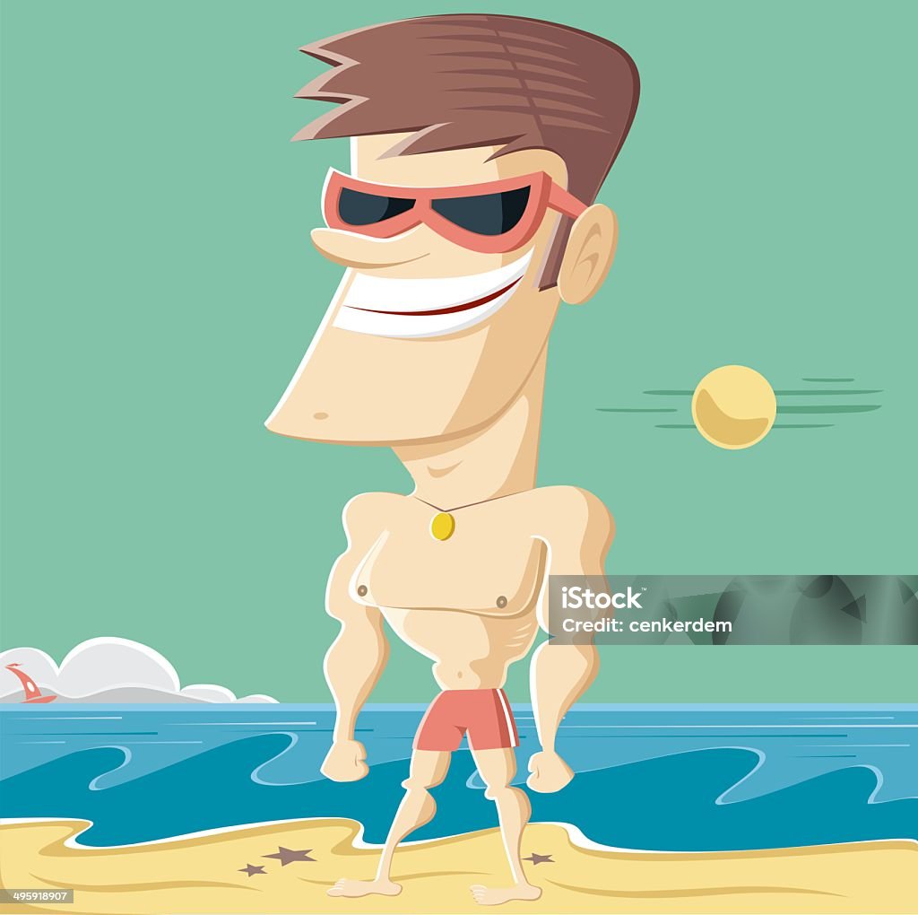 Musculoso na praia - Vetor de Musculoso royalty-free