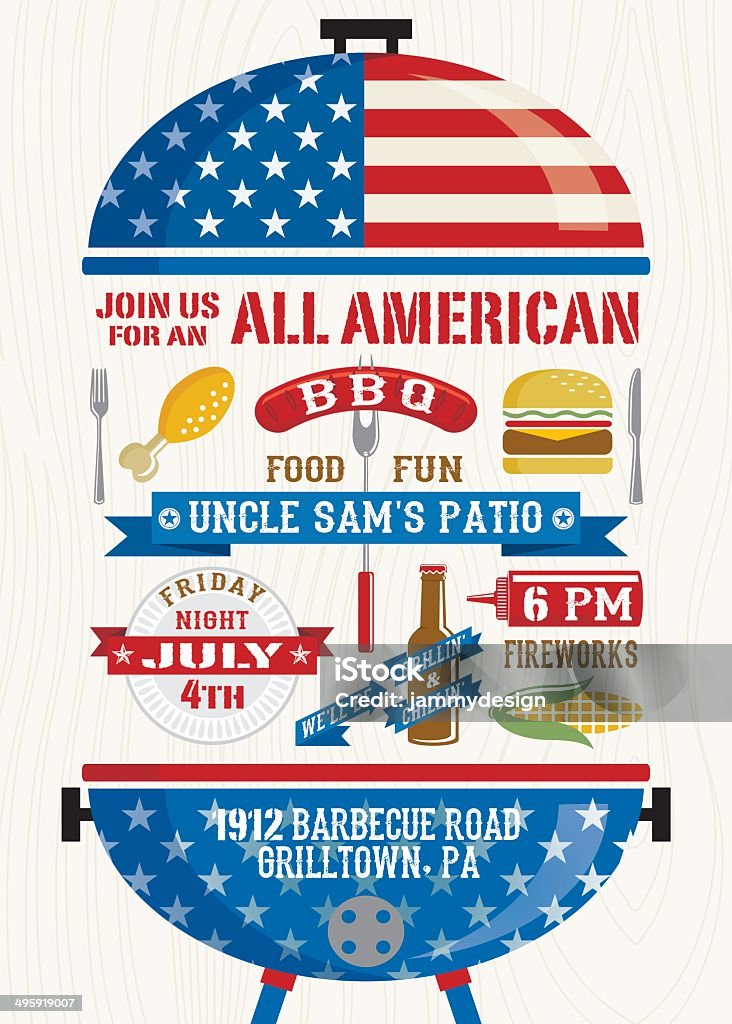Fourth of July BBQ 4th of July BBQ Poster / Invitation. American Flag Barbecue Grill with all the goodies you need. Hamburger, hot dog, chicken, corn, paper plate, banners, ketchup, mustard, fork & knife. Rustic wood background. EPS 10 - transparencies used. Please note: It is prohibited to use this on: Online "print-on-demand" products.  Barbecue - Social Gathering stock vector