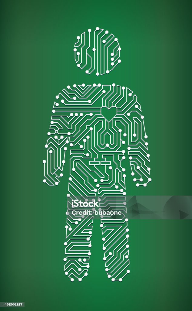 Stick Figure Circuit Board royalty free vector art background Stick Figure Circuit Board on royalty free vector background. The electric circuit board is white and is set against a green background. Detailed illustration of the circuit board fill up the entire object and forms clean edges. Icon download includes vector art and jpg file. Circuit Board stock vector