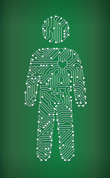 Stick Figure Circuit Board royalty free vector art background Stick Figure Circuit Board on royalty free vector background. The electric circuit board is white and is set against a green background. Detailed illustration of the circuit board fill up the entire object and forms clean edges. Icon download includes vector art and jpg file. maze silhouettes stock illustrations