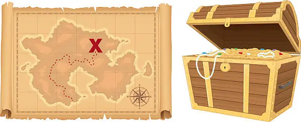 Vector illustration of Treasure Map and Treasure