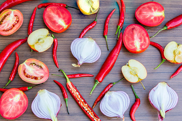 spices fruits vegetables background set stock photo