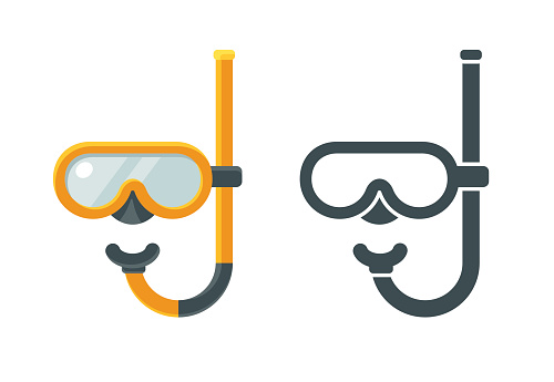 Two flat icons of giving mask with snorkel, colored and solid. Isolated vector illustration.