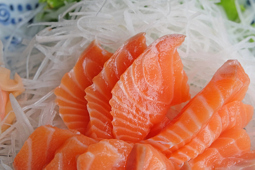 Salmon sashimi Japanese food serve with Wasabi, pickled ginger and radish