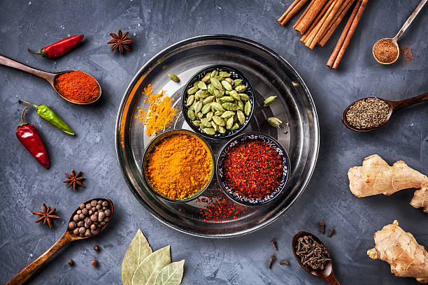 Various Spices on grunge background stock photo