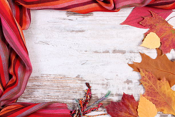 istock Woolen shawl and autumnal leaves with copy space for text 495928526