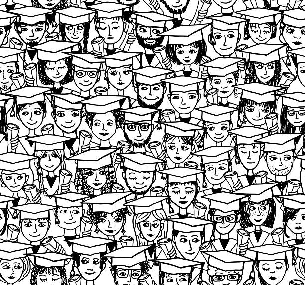 Graduation - hand drawn seamless pattern Hand drawn seamless pattern of a group of cartoon students with graduation caps and their degree in their hands - black and white illustration graduation designs stock illustrations