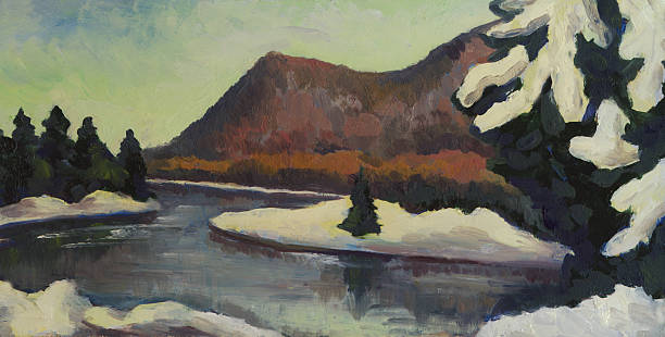 зимний пейзаж spruce на побережье, горы и реки. масляная живопись - winter river stock illustrations