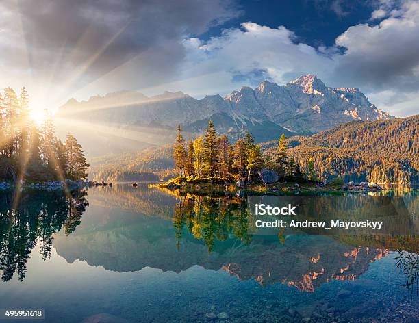 Misty Summer Morning On The Eibsee Lake In German Alps Stock Photo - Download Image Now